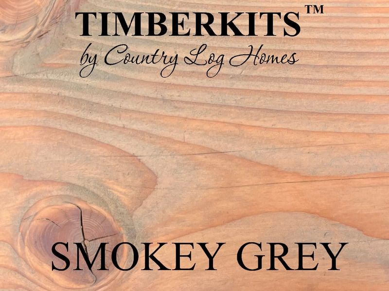 Sample of wood Smokey Grey stain with logo Timberkits by Country Log Homes